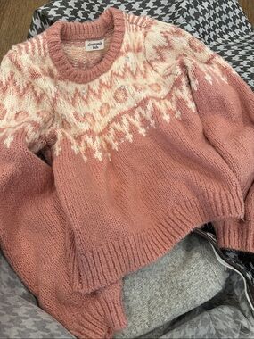 abercrombie kids rose pink fair isle crew sweater with sequins